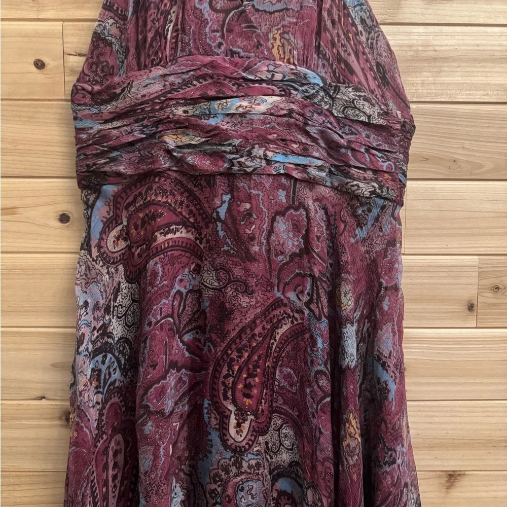 Suzi Chin Medium Shimmery Blue Wine Paisley Halter Silk Dress Whimsigoth Boho